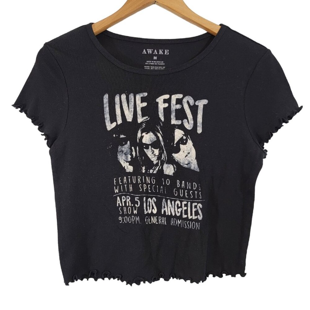 Live Fest Tour T-Shirt Black Cropped Rock N Roll Concert Womens Medium EUC